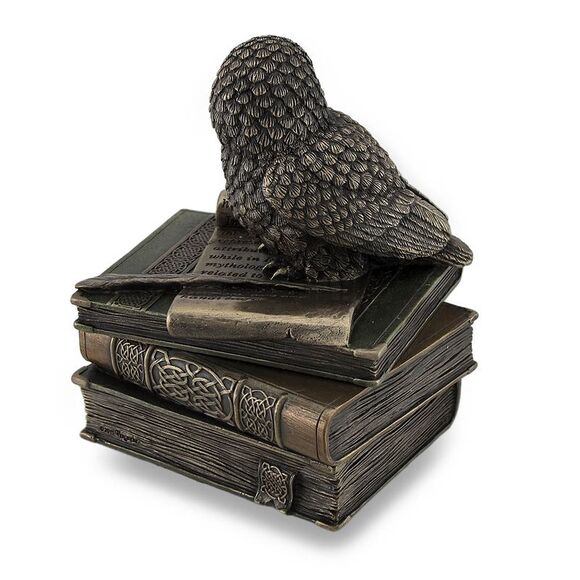 Owl Perched On Stack of Books Bronzed Trinket Box/Stash Box Statue - Picture 3 of 5